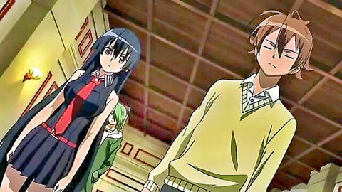 Anime schoolgirl in black dress with red tie and boy in sweater, Akame ga Kill ep 2