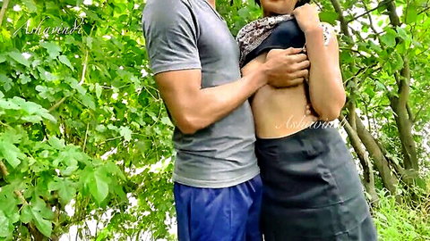 Desi girl topless in woods, man groping breasts from behind