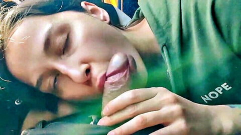 Asian teen sucking stranger's dick on bus with eyes closed