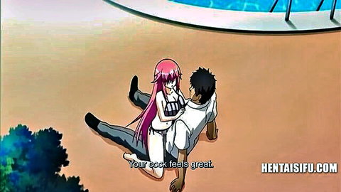 Pink-haired anime girl in bikini rides dark-haired guy in intimate poolside hentai scene