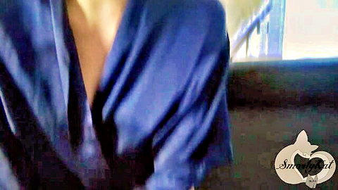 SmartyKat in open blue robe showing deep cleavage, stepmom seduction