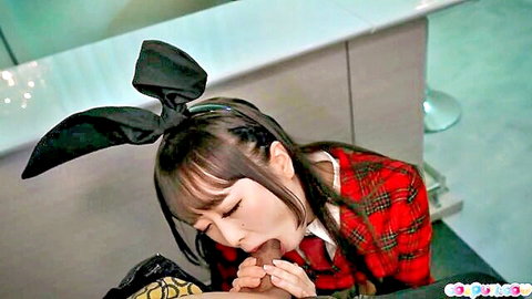 Ria Kurumi in reverse bunny cosplay giving intense blowjob