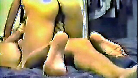 Hairy pussy and puckered asshole exposed in yellow lingerie, bent over with soles up
