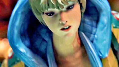 Apex Legends Wattson hentai, blonde anime girl in blue hoodie with seductive gaze