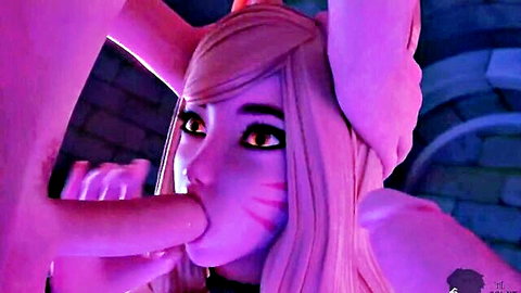 3D hentai Ahri cosplay e-girl with fox ears sucks thick cock gripped by hand