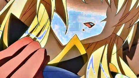 Blonde anime girl in medieval black armor sticks out tongue drooling seductively with red eyes.