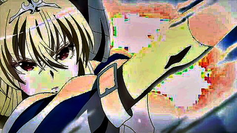 Intense blonde anime girl with red eyes yells in glitchy armored pose showing fierce expression