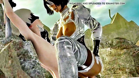 Busty hentai babes in shiny silver outfits expose massive tits and asses as one gropes the other from behind