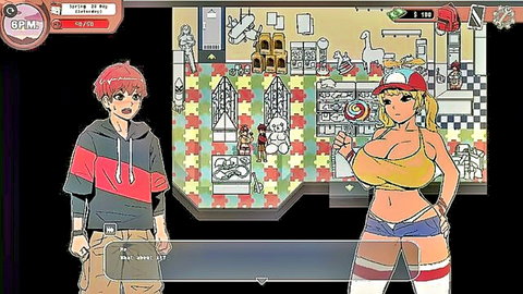 Busty blonde in revealing outfit with red-haired guy in Spooky Milk Life hentai game