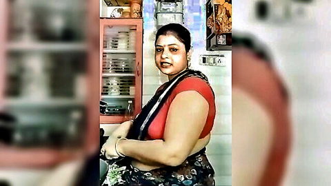 Curvy Indian MILF in red blouse and black saree posing seductively