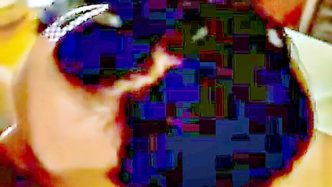 Pixelated closeup of messy amateur blowjob with cum on MILF face