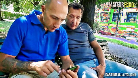 Mature Barbara Devil casting scene with two men on park bench