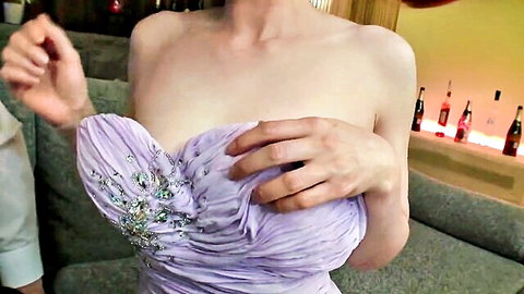 Rie Takeuchi teasing cleavage in elegant purple dress at mature club