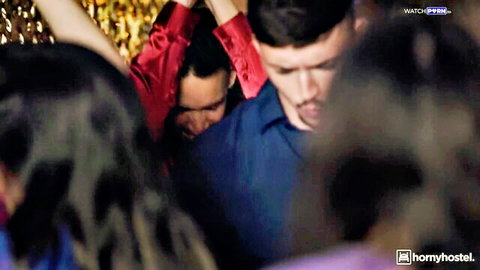 Crowded club party with hot brunettes grinding on guys in horny hostel