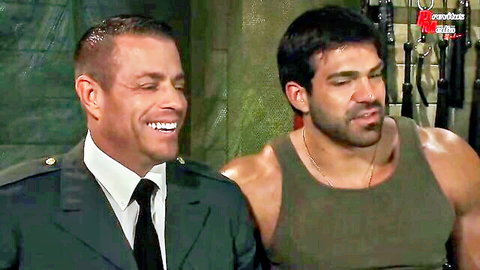 Vince Ferelli and Tyler Saint in military uniform casting scene, muscular duo smiling