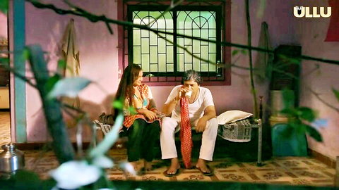 Indian cheating wife and man in intimate saree moment, Ullu web series thumbnail