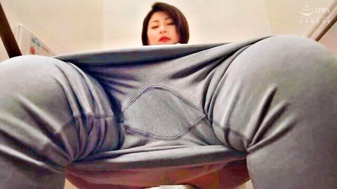 Yuri Oshikawa in tight gray sweatpants, legs spread POV tease