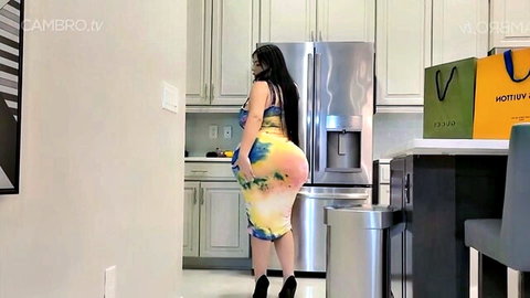 Crystal Mint teasing in tight colorful dress, big ass view