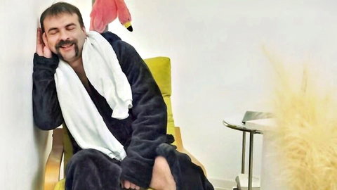 Mature stepdad in robe relaxes, Daddy4K thumbnail for blonde cheating threesome