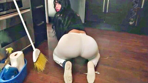 Carmen De Luz as curvy Latina maid teasing big ass in tight white pants while cleaning