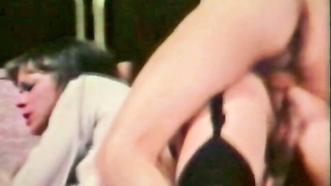 Retro anal teenagers in passionate lingerie embrace, brunette tease