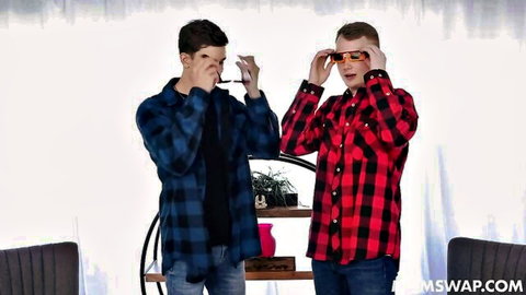 Misty Meaner and Vivianne DeSilva in plaid shirts posing for MomSwap milf swap scene