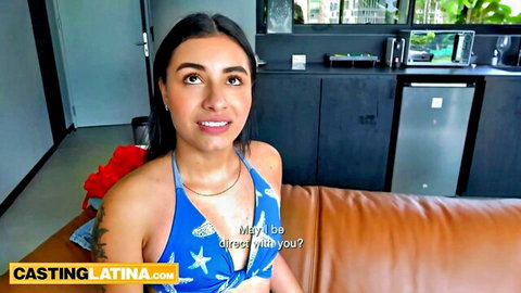 Cute Colombian amateur teen in blue bikini on model casting couch