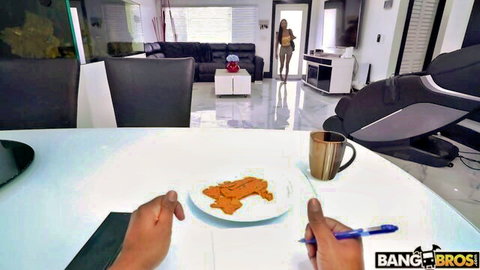 POV of skinny long-haired girl in tiny orange thong showing small ass walking away in luxury living room