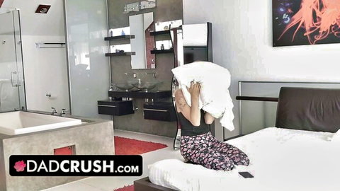 Petite teen stepdaughter shyly covers her naked body with towel on bed after stepdad creampie