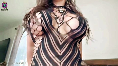 Yinyleon in revealing black mesh top, busty demon pose from woods