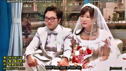 Asian bride in wedding dress with dildo in pussy before husband, JAV style