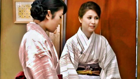 Two sexy Japanese women in revealing kimonos share intimate taboo gaze in bedroom