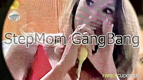 Shocked blonde stepmom in red lingerie grabs thick yellow banana cock to her wide-open mouth in gangbang tease