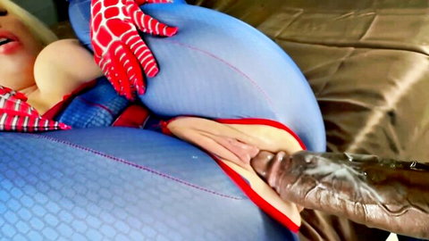 Blonde Spider-Man cosplay babe with thick ass fucked by huge black cock in wet pussy