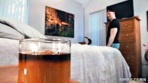 Brazzers Chef Davis in black tee and blue boxers, serving spicy bedroom surprise with cocktail