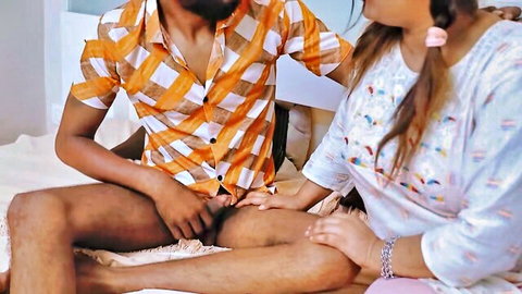Indian couple in intimate bed foreplay, man exposed erect penis