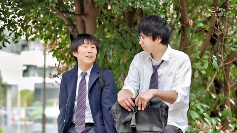 Japanese schoolboys Yuki and friend smiling at graduation under trees, stepmom Rei nearby