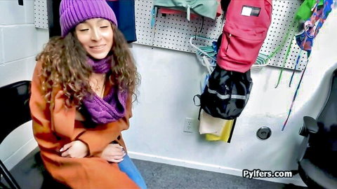 Hot Latina pilferer in purple scarf smiles seductively before riding mall cop's dick