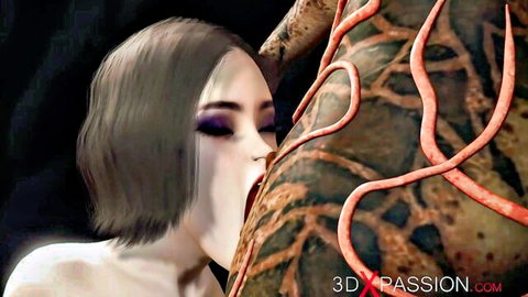 3D animated Asian secretary deepthroating red predator tentacle