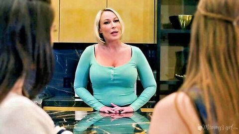 Mellanie Monroe in teal sweater talks to busty Laney Grey and Chloe Surreal - lesbian threesome setup