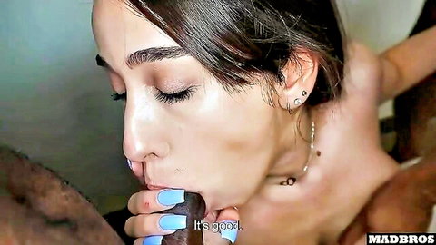 Beautiful brunette with big breasts held by neck during intense oral sex