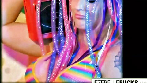 Jezebelle and Leya in rainbow bikini lesbian tease with colorful braids