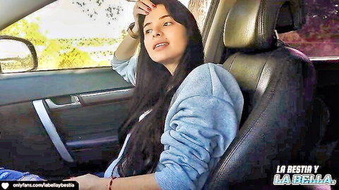 Latina woman in blue sweater surprised in car, stranger supermarket hookup tease