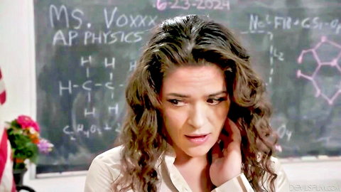 Victoria Voxxx as sexy AP Physics teacher in classroom, Doggy style scene