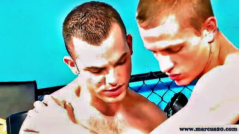 Two muscular men in close embrace, deep throat action implied