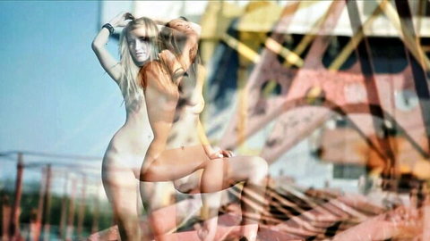 Artistic double exposure of nude blonde woman posing seductively on bridge