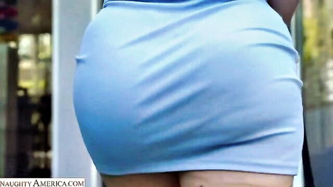 Nicole Aria's curvy ebony ass in tight blue skirt, teasing view