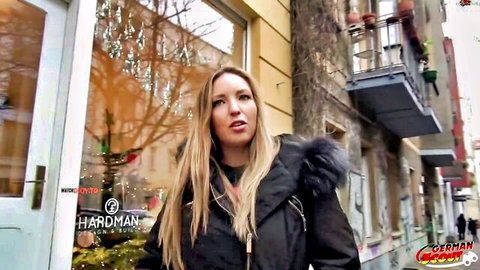 Blonde German amateur Kim from Frankfurt in fur coat for scout pickup