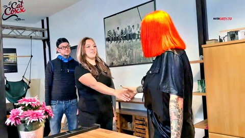 Cat-Coxx shakes hands in perverted family scene, orange hair and tattoos