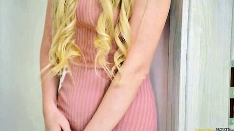 Blonde stepmom in tight pink ribbed dress teasing seduction